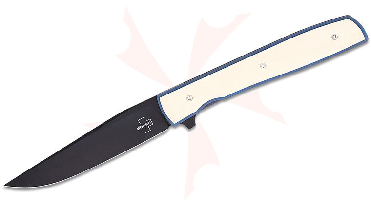 Boker Plus Brad Zinker Urban Trapper Gentleman's Flipper Knife 3.46 inch S35VN Black Blade, White Resin Handles with Blue Liners - KnifeCenter Exclusive