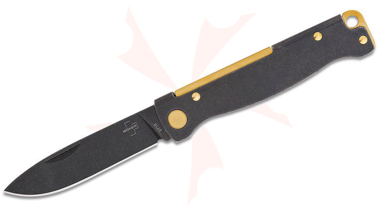 Boker Plus Atlas Gen 2 Slipjoint Pocket Knife 2.83 inch 12C27 Black Stonewahed Blade, Black Stonewashed Stainless Steel Handle w/ Brass Accents