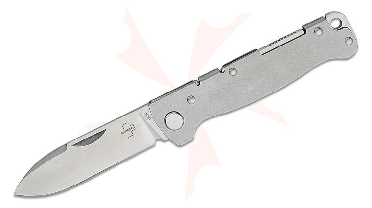 Boker Plus Atlas Backlock Pocket Knife 2.8 inch D2 Satin Drop Point Blade, Stonewashed Stainless Steel Handle