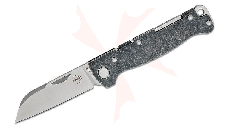 Boker Plus Atlas Backlock Pocket Knife 2.8 inch D2 Satin Sheepsfoot Blade, Dark Stonewashed Stainless Steel Handle