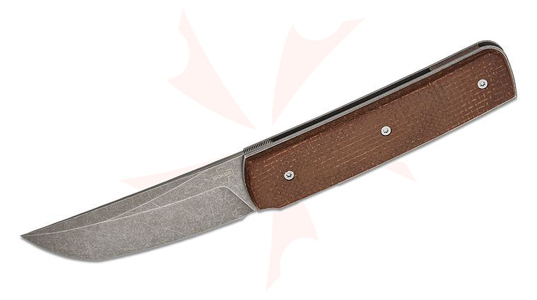Boker Plus Sanjo Front Flipper Knife 3.39 inch VG-10 Stonewashed Tanto Blade, Brown Micarta Handles