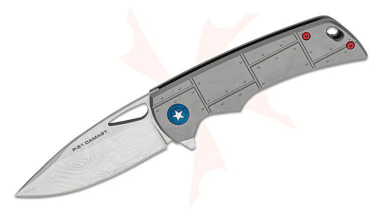 Boker Plus P-51 Mustang Damast Flipper Knife 3.35 inch Nichols P-51 Aircraft Damascus Blade, Studded Metal Design Titanium Handles