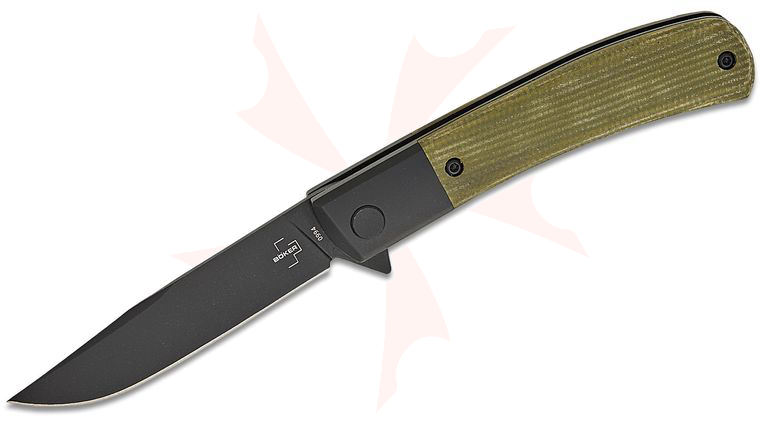 Boker Plus Modern Gentleman Flipper Knife 2.95 inch Nitro-V Black Drop Point Blade, Green Canvas Micarta Handles with Black Bolsters