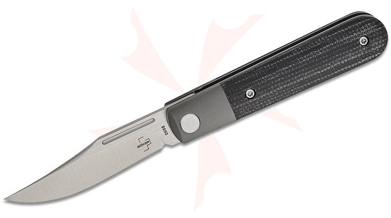 Boker Plus Modern Barlow Flipper Knife 2.52 inch Nitro-V Two-Tone Satin Clip Point Blade, Black Micarta Handles with Steel Bolsters