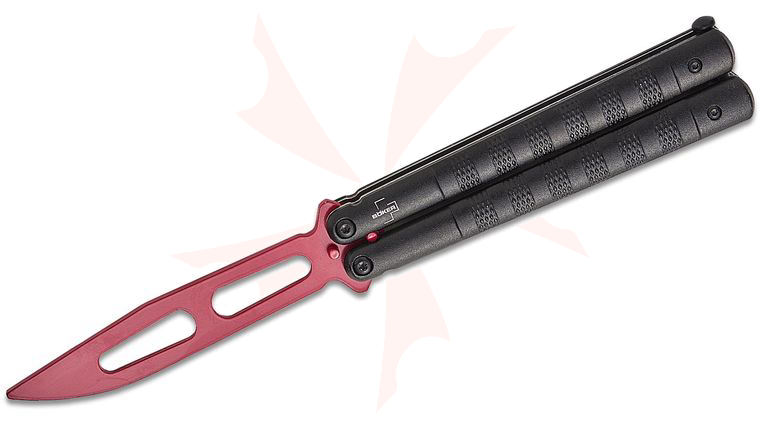 Boker Plus Balisong Relack Trainer Butterfly Knife 3.98 inch Red Unsharpened Blade, Black Aluminum Handles, Nylon Belt Sheath