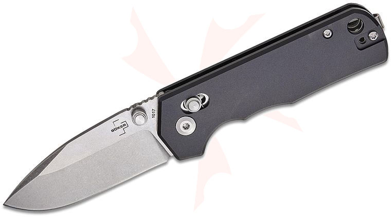 Boker Plus Rockstub Black 2.0 Crossbar Lock Folding Knife 2.64 inch 14C28N Stonewashed Drop Point Blade, Black Aluminum Handles, Reversible Clip