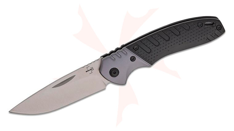 Boker Plus Advance Pro EDC Folding Knife 2.95 inch D2 Satin Drop Point Blade, Gray/Black Aluminum Handles, Nylon Pouch