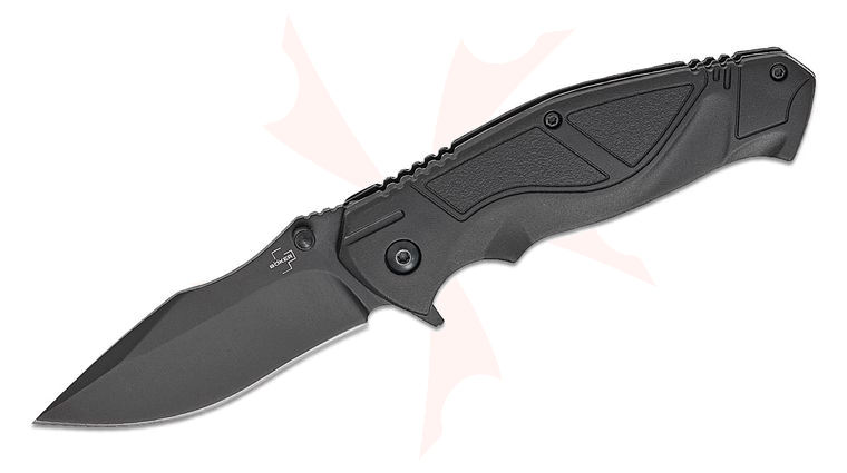 Boker Plus All Black Pro Flipper Knife 3.15 inch D2 Black Recurve Drop Point Blade, Black Fiber-Reinforced Plastic Handles