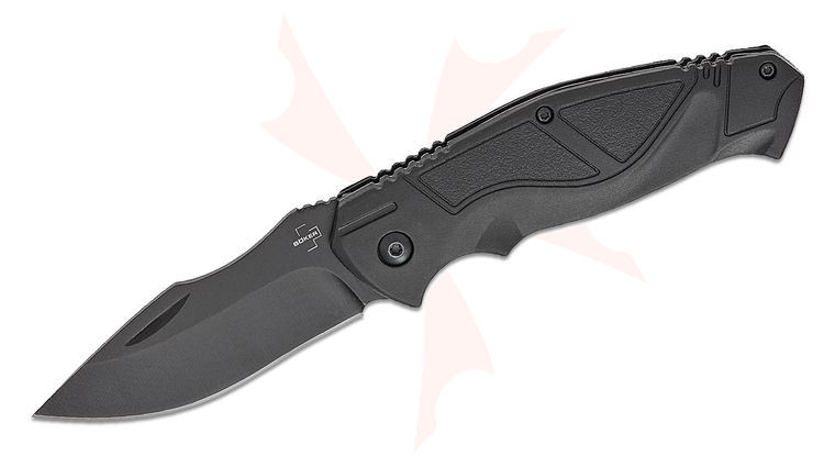 Boker Plus All Black Pro 42 Folding Knife 3.15 inch D2 Black Recurve Drop Point Blade, Black Fiber-Reinforced Plastic Handles