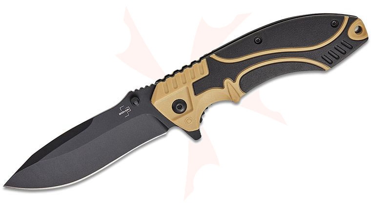 Boker Plus Advance Desert Pro Liner Lock Flipper Knife 3.74 inch D2 Black Recurve Blade, Brown Fiber Reinforced Plastic Handles with Black Rubber Inserts