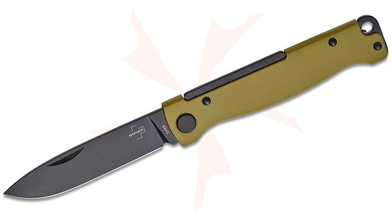 Boker Plus Atlas Slipjoint Pocket Knife 2.95 inch 12C27 Black PVD Drop Point Blade, OD Green Ceramic Coated Stainless Steel Handles