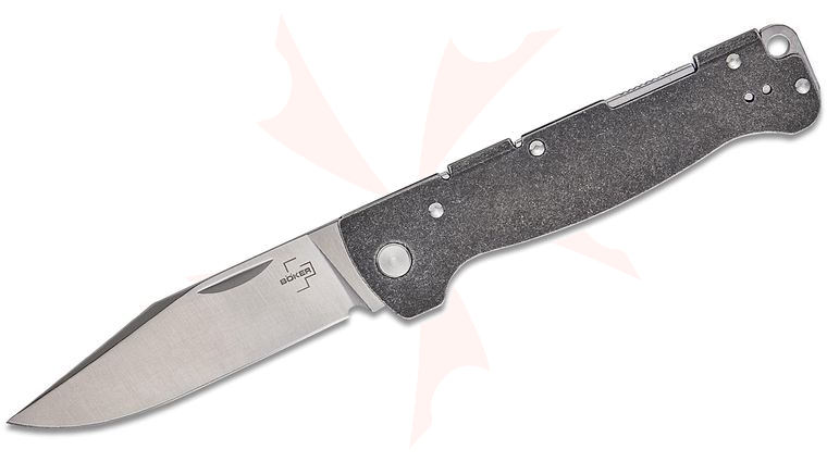 Boker Plus Atlas Big Backlock Pocket Knife 3.54 inch 12C27 Satin Clip Point Blade, Black Stonewashed Stainless Steel Handles, Reversible Clip