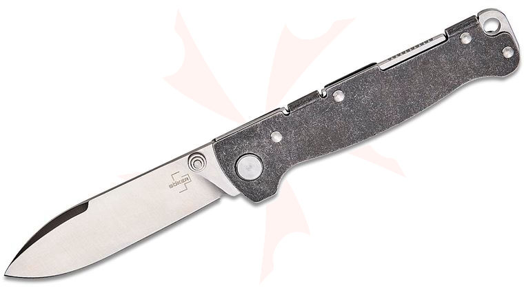 Boker Plus Atlas TS Backlock Pocket Knife 2.87 inch D2 Satin Drop Point Blade with Thumb Studs, Black Stonewashed Stainless Steel Handles