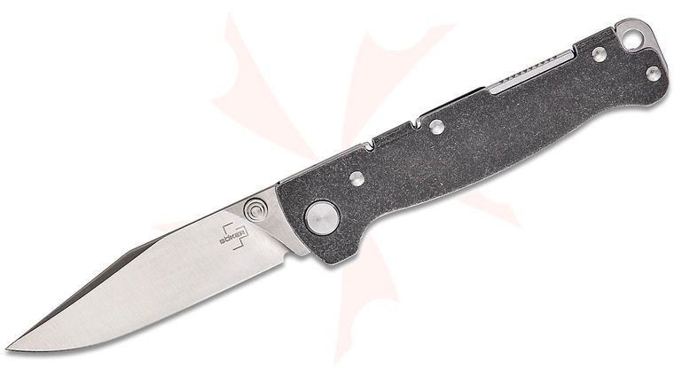 Boker Plus Atlas TS Backlock Pocket Knife 2.87 inch D2 Satin Clip Point Blade with Thumb Studs, Black Stonewashed Stainless Steel Handles