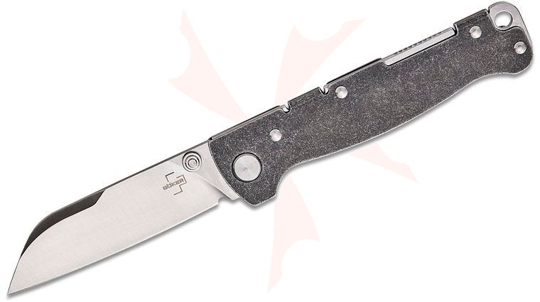 Boker Plus Atlas TS Backlock Pocket Knife 2.72 inch D2 Satin Sheepsfoot Blade with Thumb Studs, Black Stonewashed Stainless Steel Handles
