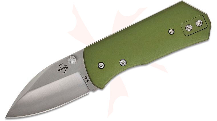 Boker Plus Lefti Folding Knife 2.24 inch 12C27 Satin Drop Point Blade, Green Aluminum Handles