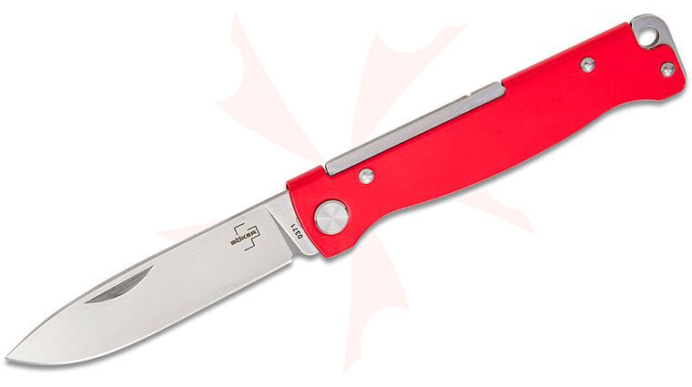 Boker Plus Atlas Pocket Knife 2.87 inch 12C27 Satin Drop Point Blade, Red Stainless Steel Handle