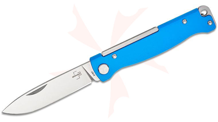 Boker Plus Atlas Pocket Knife 2.87 inch 12C27 Satin Drop Point Blade, Blue Stainless Steel Handle