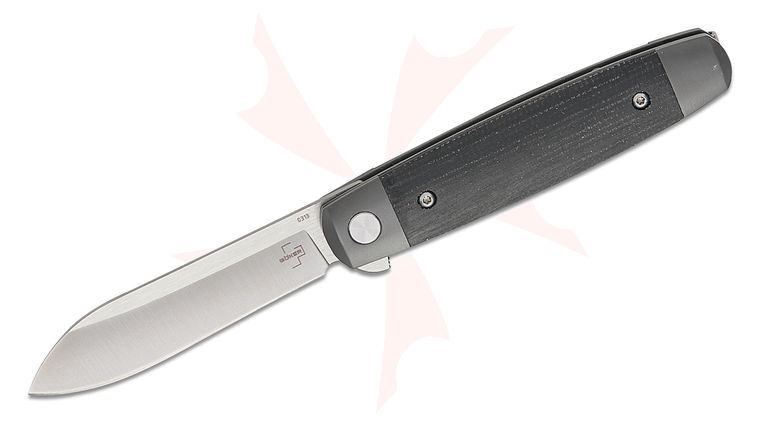 Boker Plus Modern Club Flipper Knife 2.87 inch Nitro-V Satin Drop Point Blade, Black Micarta Handles with Black Steel Bolsters