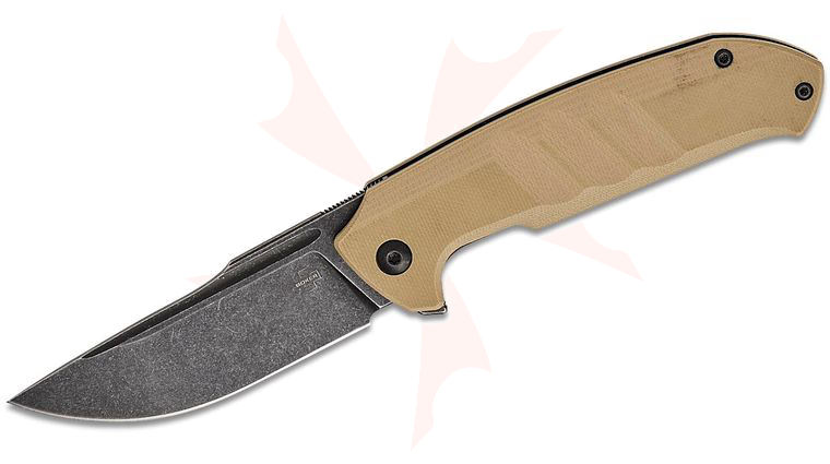 Boker Plus Barchan Flipper Knife 3.27 inch Black Stonewashed Drop Point Blade, Tan G10 Handles