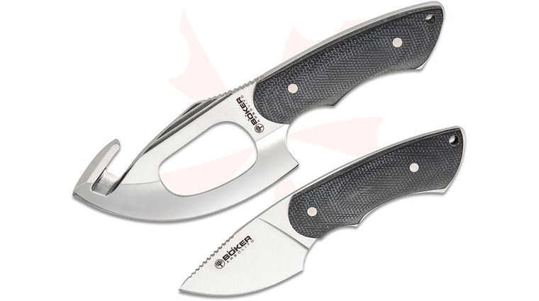 Boker Arbolito Chaman Set, Caper and Skinner Fixed Blade Knives, Black Micarta Handles, Black Leather Sheath