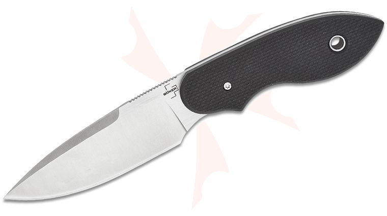 Boker Plus Steve Kelly Trailmate Fixed Blade 3.46 inch Nitro-V Two-Tone Satin Drop Point Blade, Black G10 Handles, Leather Sheath