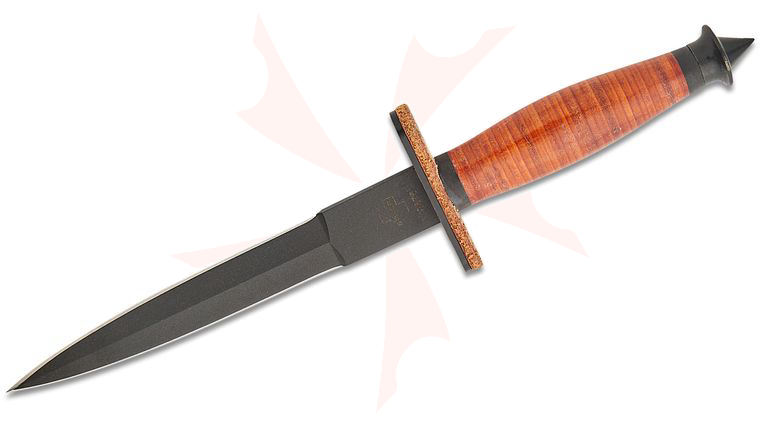 Boker Plus V-42 Devil's Brigade 2.1 Dagger 7 inch SK85 Black Double-Edge Blade, Stacked Leather Handles, Leather Belt Sheath