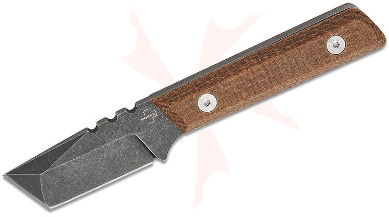 Boker Plus Thicker Clipper Fixed Blade Knife 2.59 inch D2 Dark Stonewashed Tanto Blade, Brown Micarta Handles, Kydex Sheath