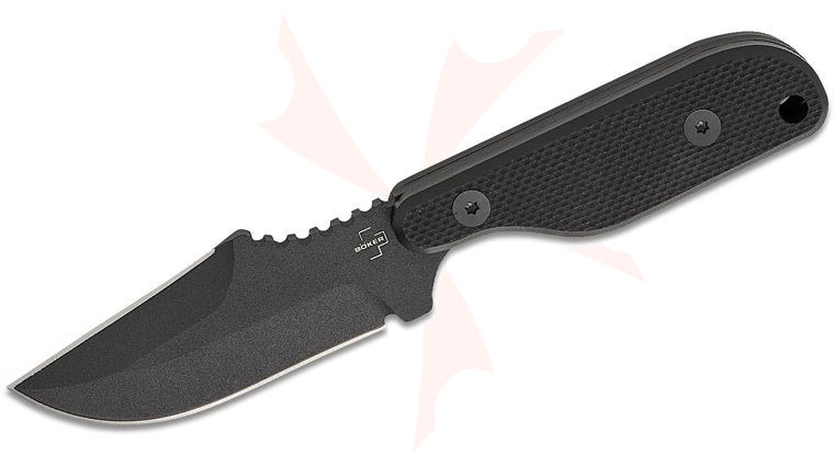 Boker Plus Kagat Fixed Blade Knife 3.39 inch 1095 Black Powder Coated Harpoon Point Double Edge Blade, Black G10 Handles, Kydex Sheath