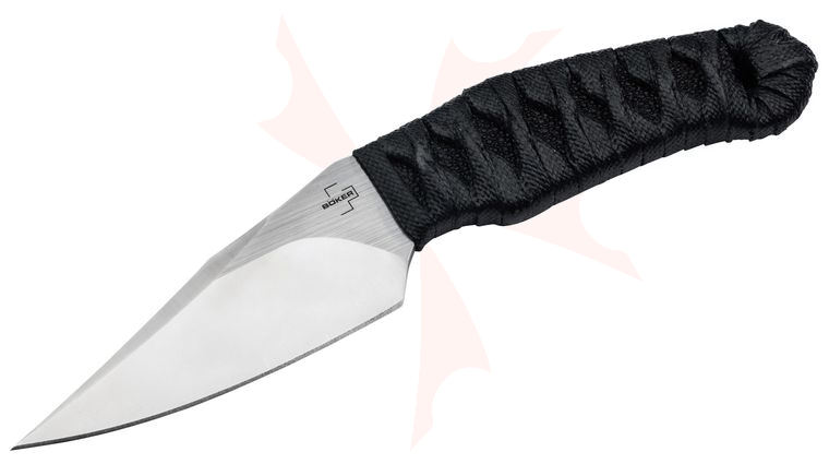 Boker Plus 302 Fixed Blade Knife 3.39 inch Nitro-V Satin Clip Point Blade, Wrapped Black Fish Skin Handle, Kydex Sheath