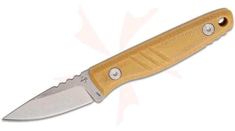 Boker Plus Five Point Nine Fixed Blade Knife 2.36 inch Stonewashed Drop Point Blade, Tan Micarta Handles, Kydex Sheath