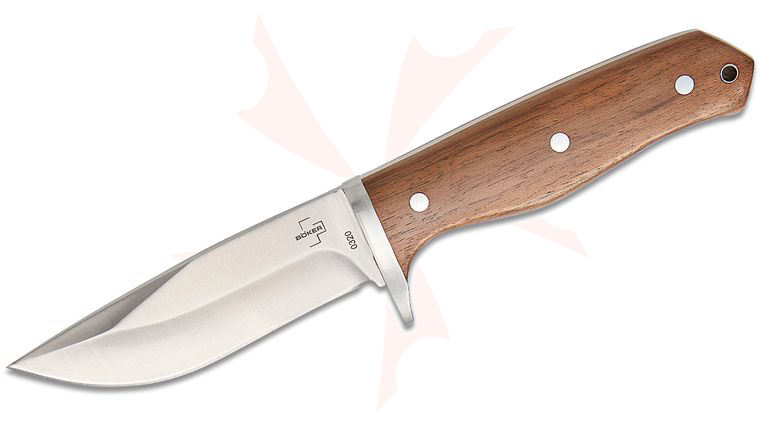 Boker Plus Walnut Drop Fixed Blade Knife 4.25 inch 14C28N Satin Drop Point Blade, Walnut Wood Handles, Leather Sheath