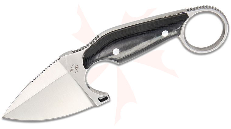 Boker Plus Engelbert Czaja Enki Fixed Blade Knife 2.28 inch D2 Satin Drop Point Blade, Polished Black Micarta Handles with Pinky Ring, Kydex Sheath