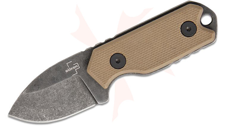 Boker Plus Li'l Friend Micro Fixed Blade Neck Knife 1.38 inch D2 Black Stonewashed Drop Point Blade, Sand G10 Handles, Kydex Sheath