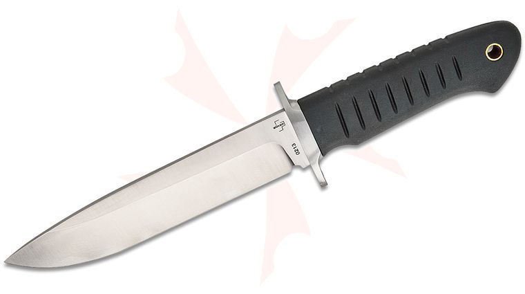 Boker Plus Sledgedog Fixed Blade Knife 6.69 inch D2 Satin Drop Point Blade, Black TPR Rubber Handle, Leather Sheath
