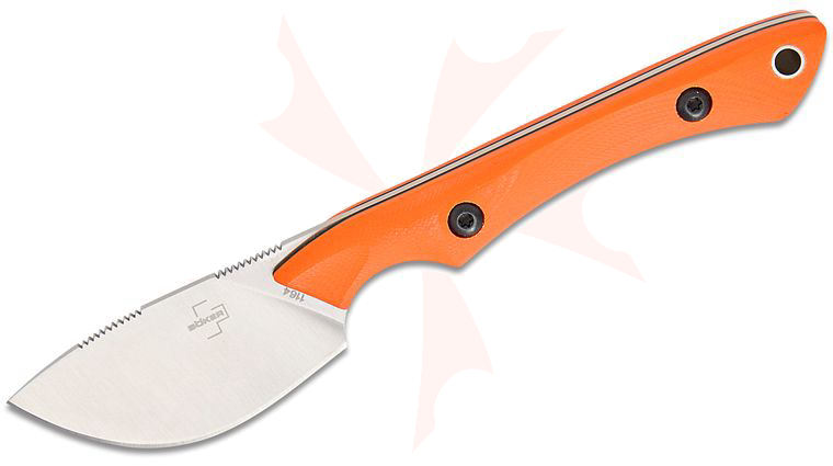 Boker Plus MUK Pocket Fixed Blade Knife 2.36 inch 14C28N Satin Skinner Blade, Orange G10 Handles, Kydex Sheath