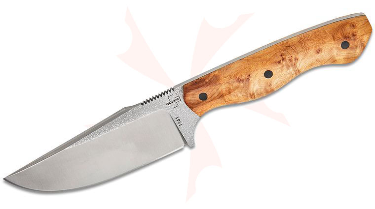 Boker Plus FP Knives Overnighter Fixed Blade Knife 4.57 inch D2 Two-Tone Drop Point Blade, Burl Wood Handles, Leather Sheath