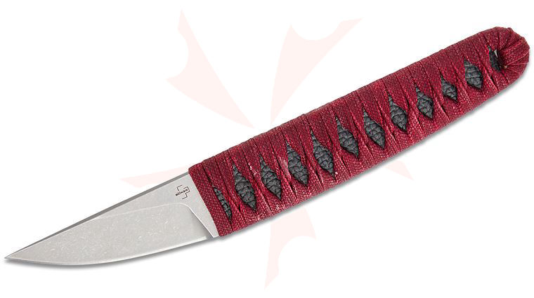 Boker Plus Thomas Krug Kissaki Fixed Blade Knife 2.44 inch 440C Stonewashed Straight Back Blade, Ray Skin Handles with Maroon Cord Wrap, Kydex Sheath