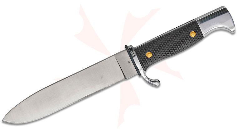 Boker History Knife and Tool German Scout Fixed Blade Knife 5.5 inch Satin Spear Point Blade, Black POM Handles, Aluminum Sheath