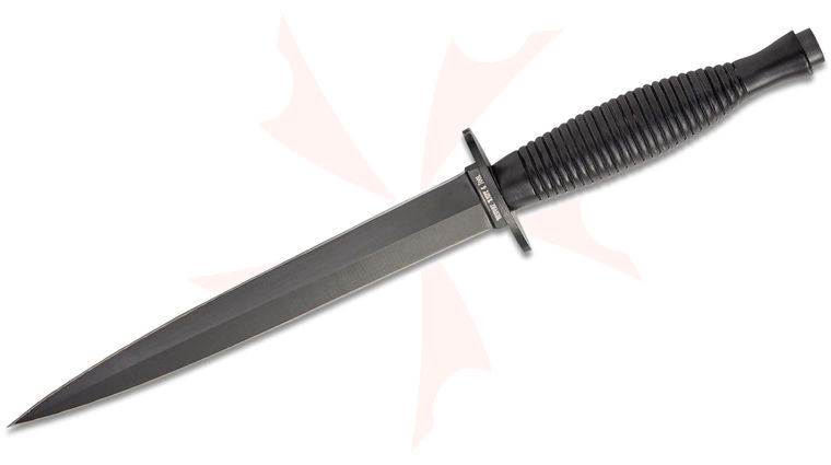 Boker History Knife and Tool Commando Dagger 7.09 inch Black Dagger Blade, Black Aluminum Handles, Leather Sheath