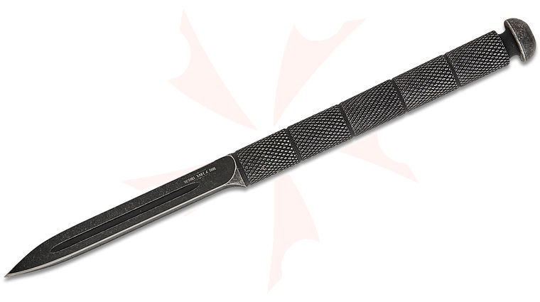 Boker History Knife & Tool Sleeve Dagger 3.5 inch GCr15 Black Stonewashed Triple-Edge Blade, One-Piece Steel Construction, Leather Belt Sheath