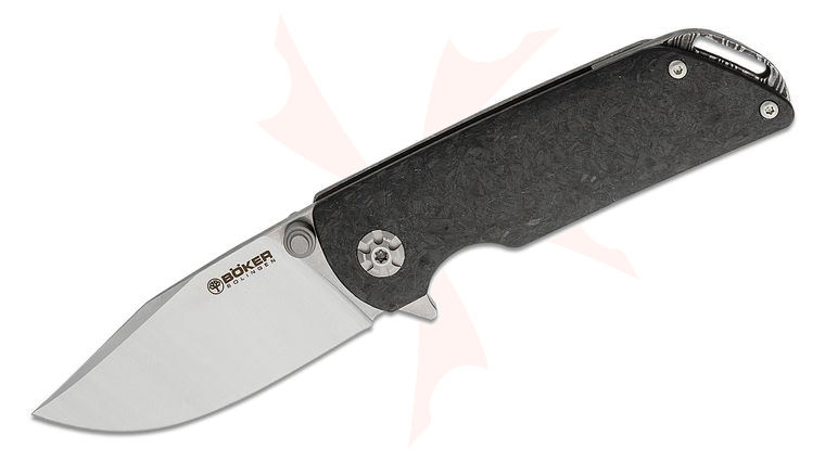 Boker M4 Sherman Flipper Knife 2.95 inch MagnaCut Satin Clip Point Blade, Carbon Fiber and Titanium Handles with Damascus Backspacer