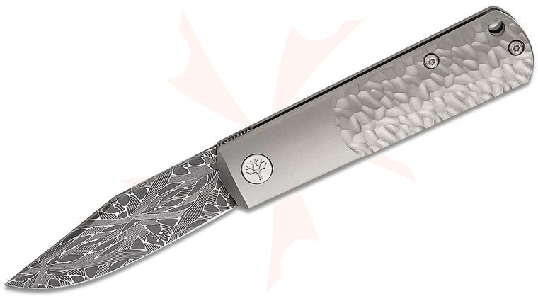 Boker BRLW Flipper Knife 2.56 inch  inchMosaic Crossed inch Meteorite Damascus Clip Point Blade, Wood Grain Textured Titanium Handles