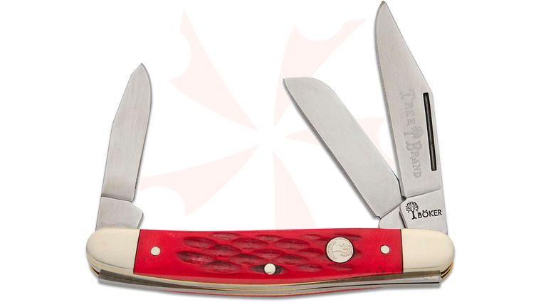 Boker Traditional Series Treebrand Medium Stockman Pocket Knife, Jigged Red Bone Handles, D2 Blades, 3.38 inch Closed