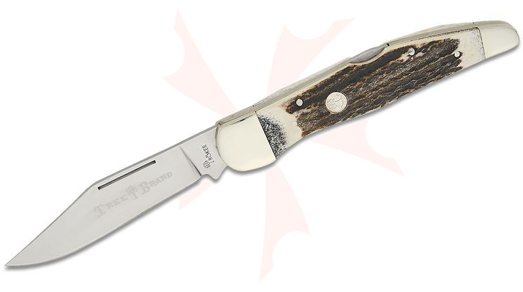Boker Traditional Series 2.0 Folding Hunter Folding Knife 5.25 inch Closed, D2 Blade, Stag Handles, Leather Sheath