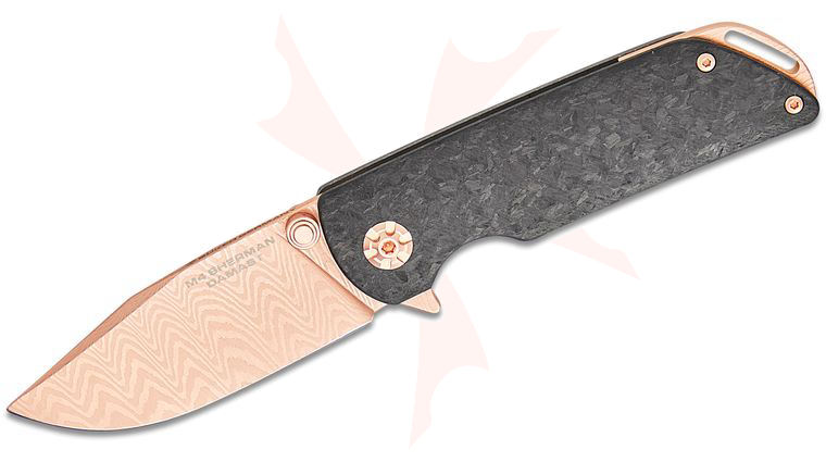 Boker M4 Sherman Frame Lock Flipper Knife 2.95 inch Nichols Ladder Damascus Rose Gold Blade, Carbon Fiber and Titanium Handles, Rose Gold Accents