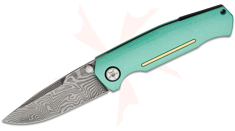 Boker Tommaso Rumici 1969 Mach-1 Damast Folding Knife 3.23 inch Nichols Wavepool Damascus Drop Point Blade, Silver Jade Aluminum Handles 
