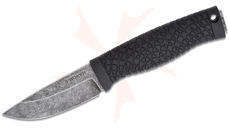Boker Bronco Mini Fixed Blade Knife 3.5 inch 80CrV2 Black Stonewashed Drop Point, Black TPE Handles, Kydex Sheath