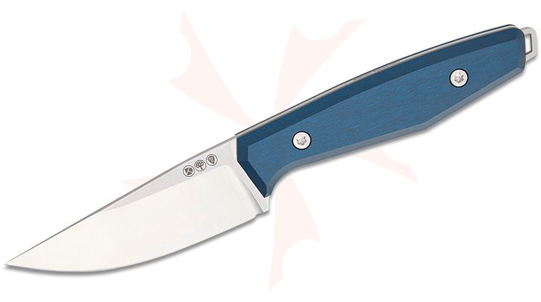 Boker Daily Knives AK1 Pocket Fixed Blade Knife 2.99 inch MagnaCut Satin Drop Point Blade, Blue Aluminum Handles, Leather Sheath