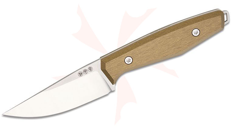 Boker Daily Knives AK1 Pocket Fixed Blade Knife 2.99 inch MagnaCut Satin Drop Point Blade, Gold Aluminum Handles, Leather Sheath